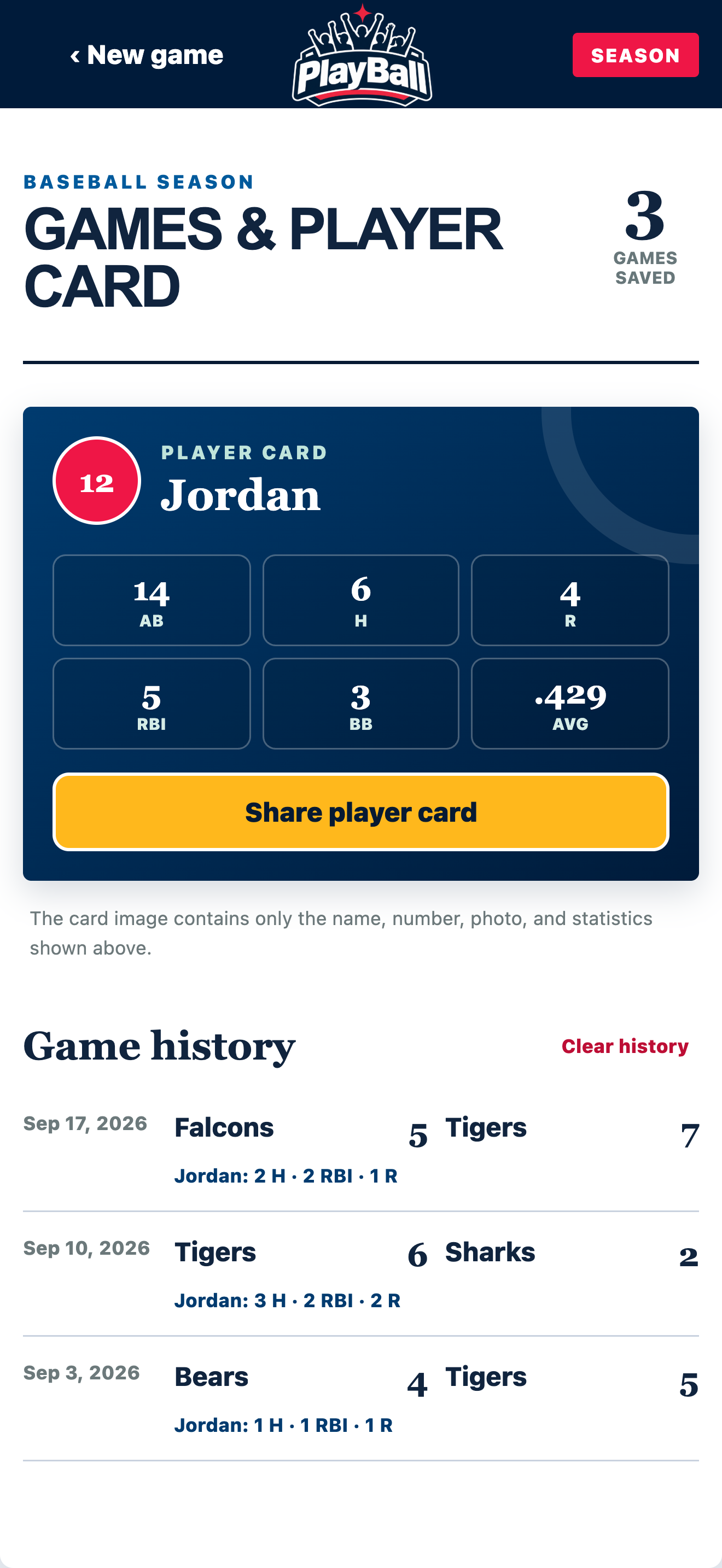 PlayBall season screen showing a shareable player card and saved games