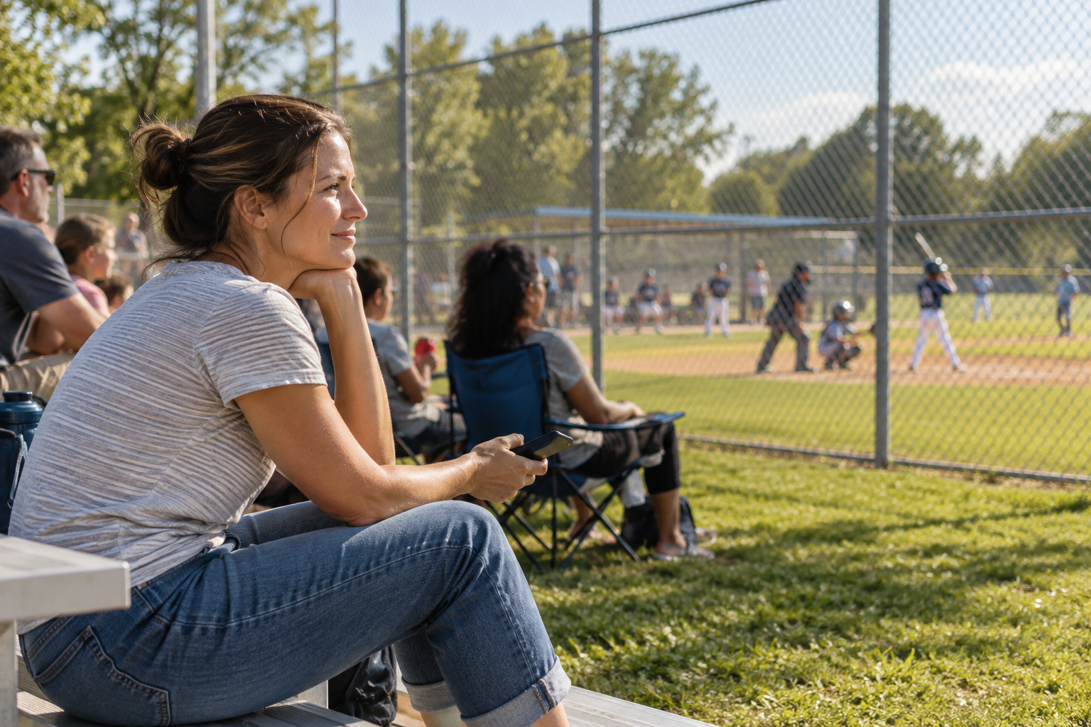 A parent watching a youth baseball game from the stands with a phone in hand